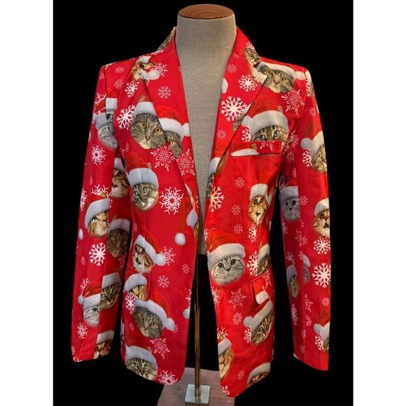 Dec 25th Ugly Christmas Blazer Cats Santa Sz. S - Picture 1 of 8